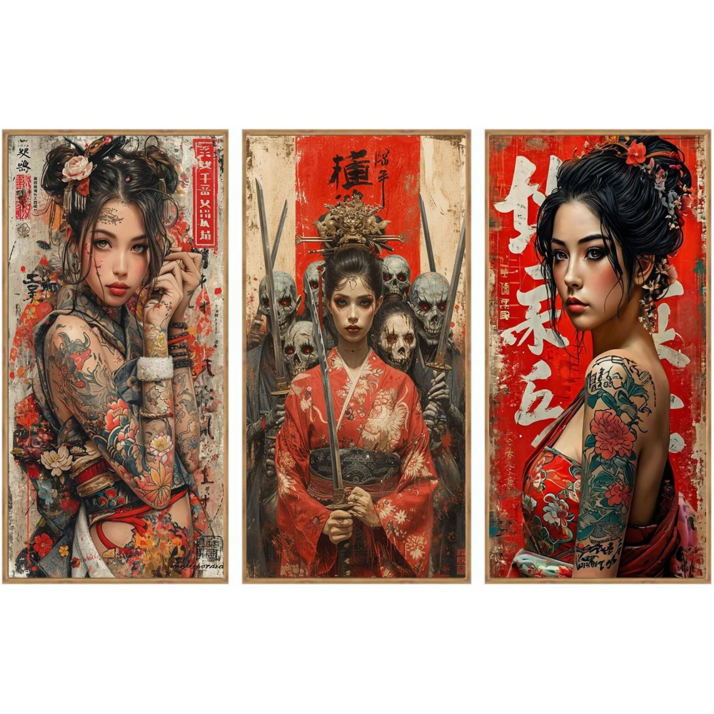 Винтажный японский постер в стиле гейши самурая