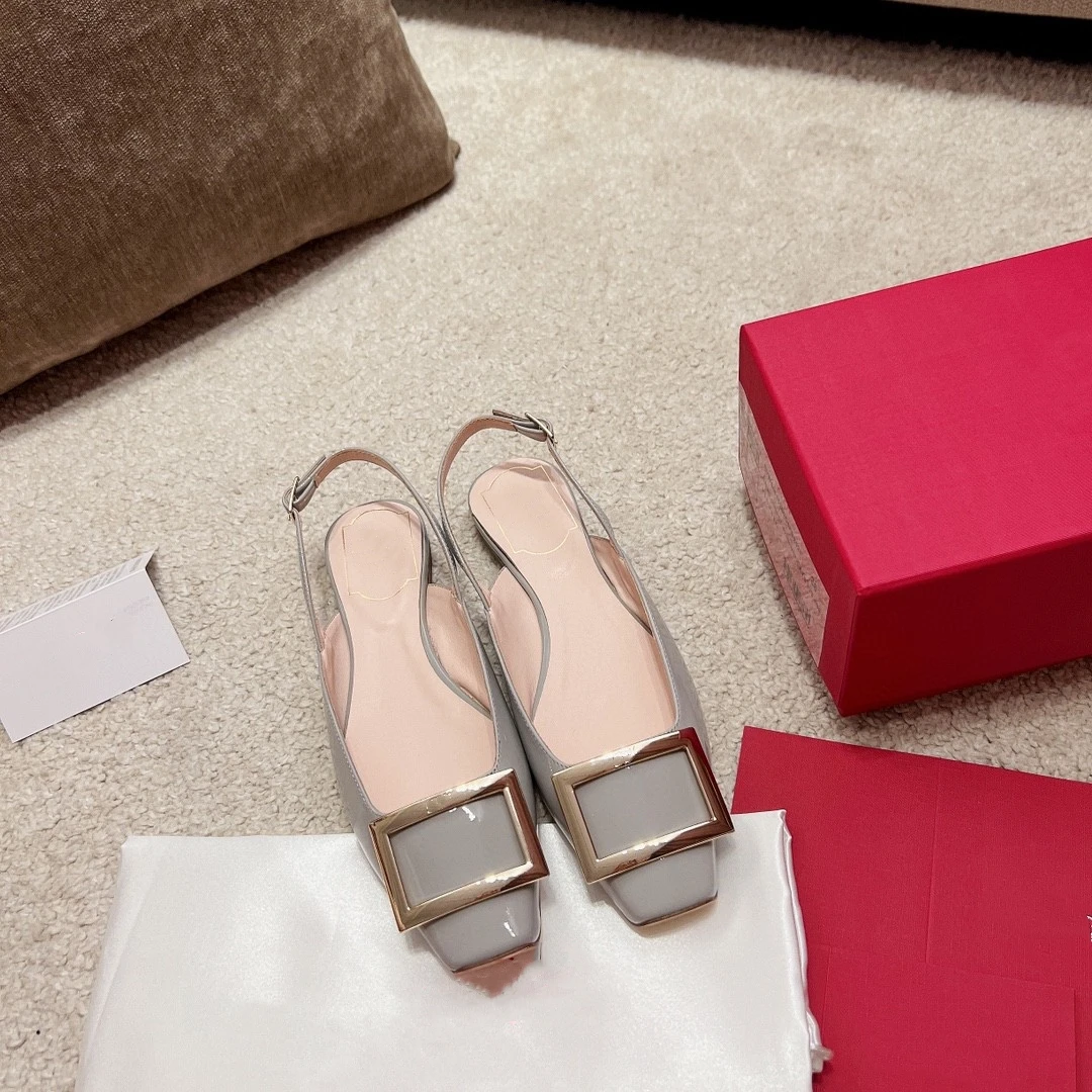 2023 Women's Shoes Spring and Summer Square Buckle Flat Sandals Square Toe Shallow Mouth Buckle Toe Shoes