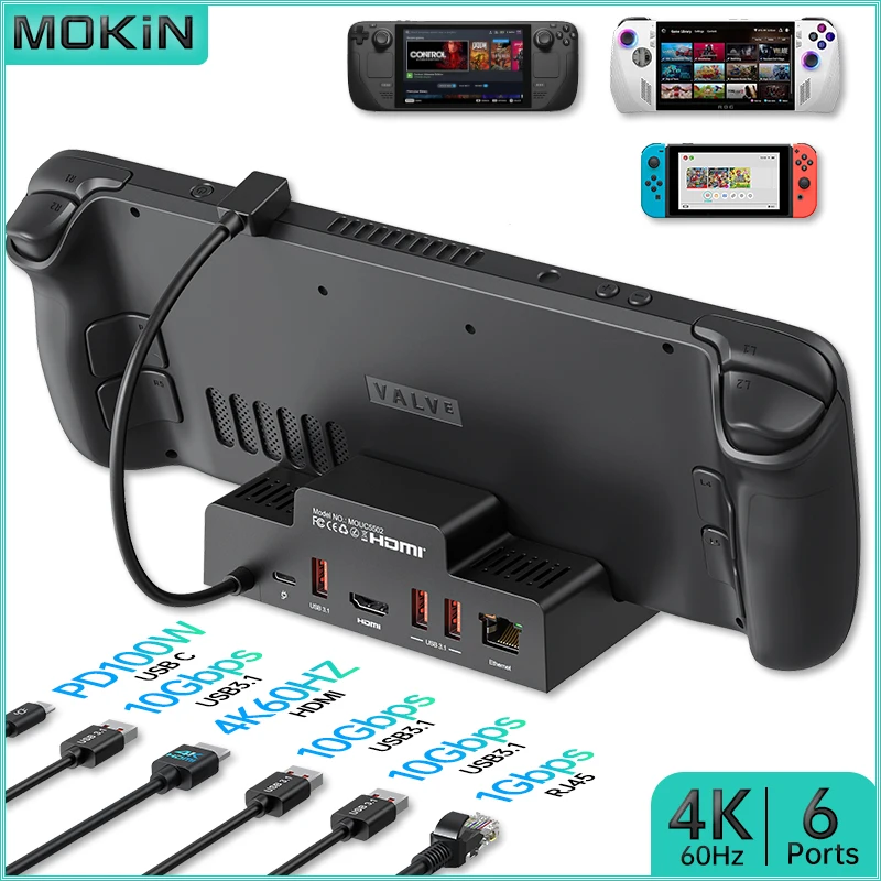

MOKiN 6 in 1 Docking Station for Steam Deck, ROG Ally, Laptop - USB3.1, HDMI 4K60Hz, PD 100W, RJ45 1Gbps - Enhanced Connectivity