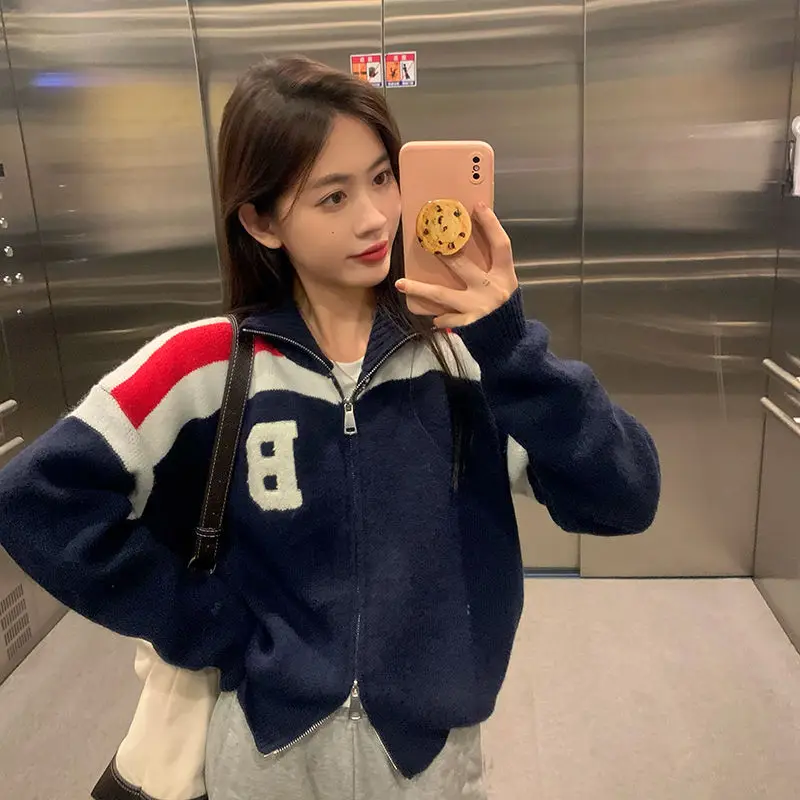 

DAYIFUN Sweater Women Retro Knitted Cardigan Tops Spring Autumn 2022 New Turtleneck Zipper Coat Thick Female Clothing Streetwear