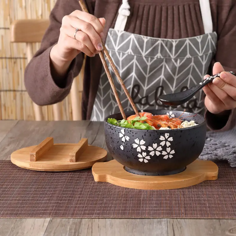 

Dining Room Tableware Salad Ceramic Bowl Bring Wooden Spoon Wooden Chopstick Japanese Bowl Instant Noodles Tableware