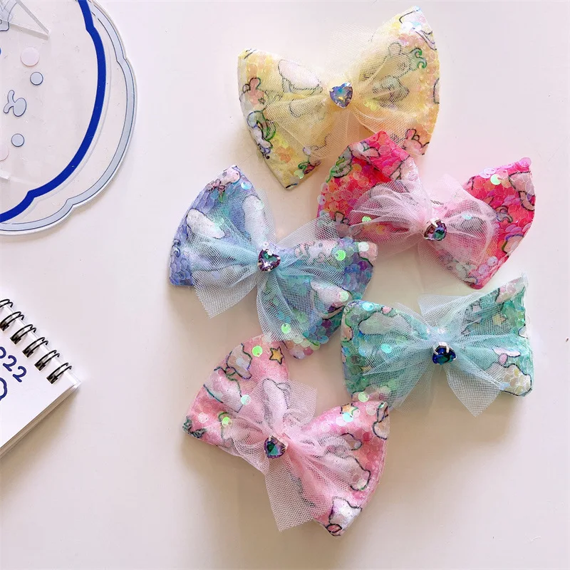 

New Korean Print Cartoon Animal Bow Floating Yarn Love Bow Tie Hairpin Top Clip for Children's Fashion Hair Accessories