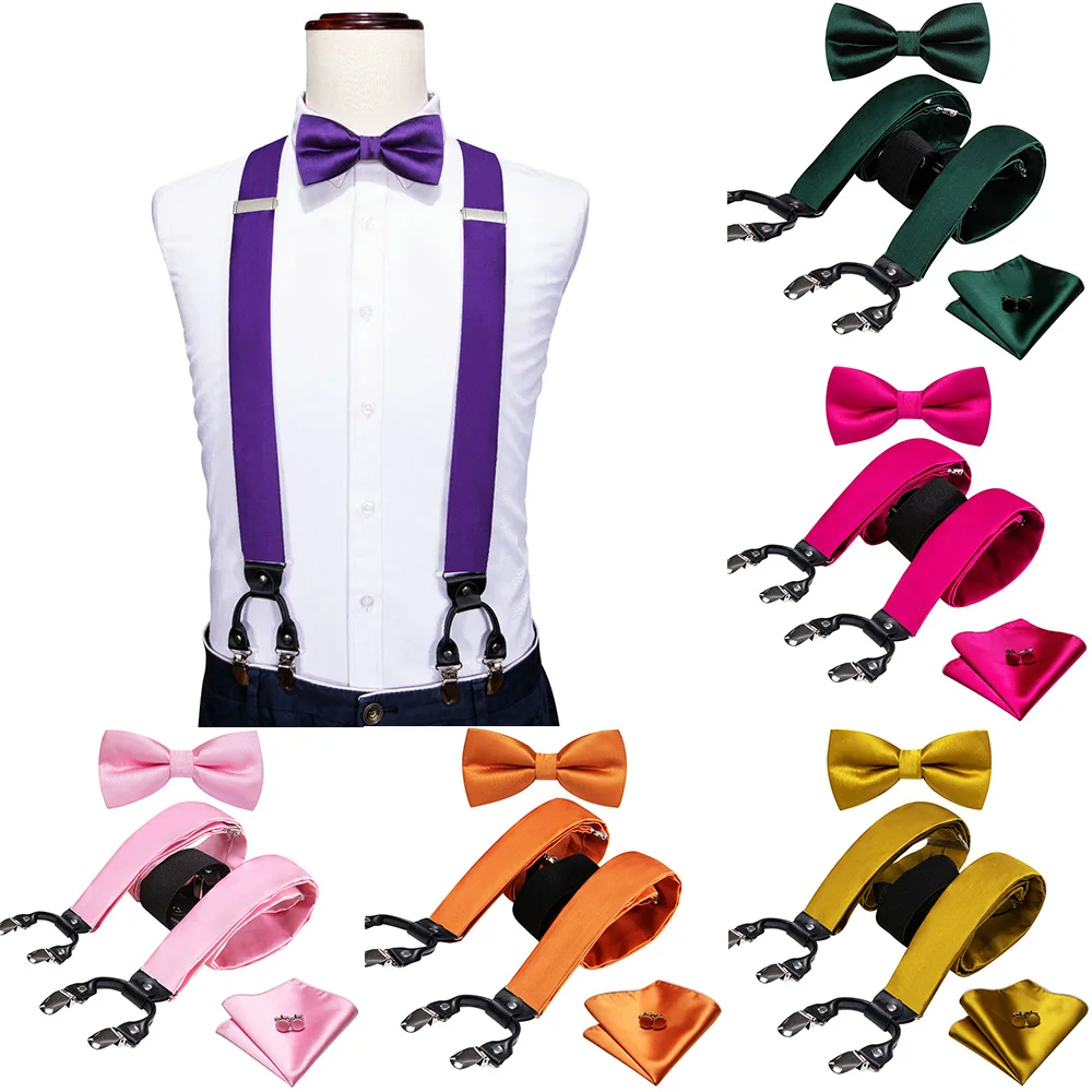 

Violet Purple Men Suspenders Set Elegant Silk Solid Adjustable 6 Clips Pre-Bowtie Handkerchief Cufflink Wedding Party Barry.Wang