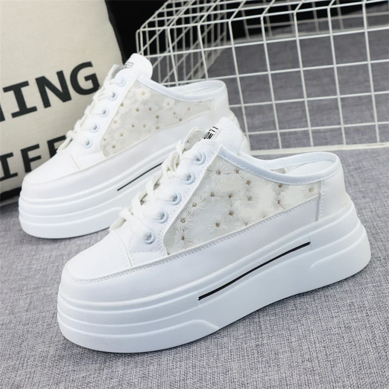 

Baotou Semi-slippers Women's Summer New Outer Wear Embroidery Mesh Breathable Slip-on Increase 8cm Sandals Sneakers