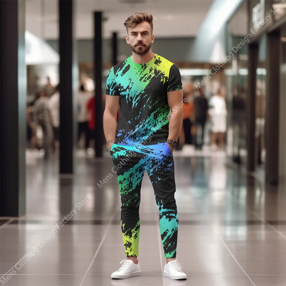 2023 New Men Short Sleeve T-Shirt+Pants Gradient 3D Print Two Piece Sets Tracksuit Men Fashion Casual Streetwear T Shirt For Men