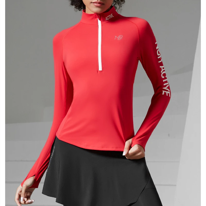 Women Golf Tennis Slim Long Sleeve Running Sports Tight Yoga Shirts Workout Gym Fitness Tops Mesh Stitching Half Zipper T Shirt