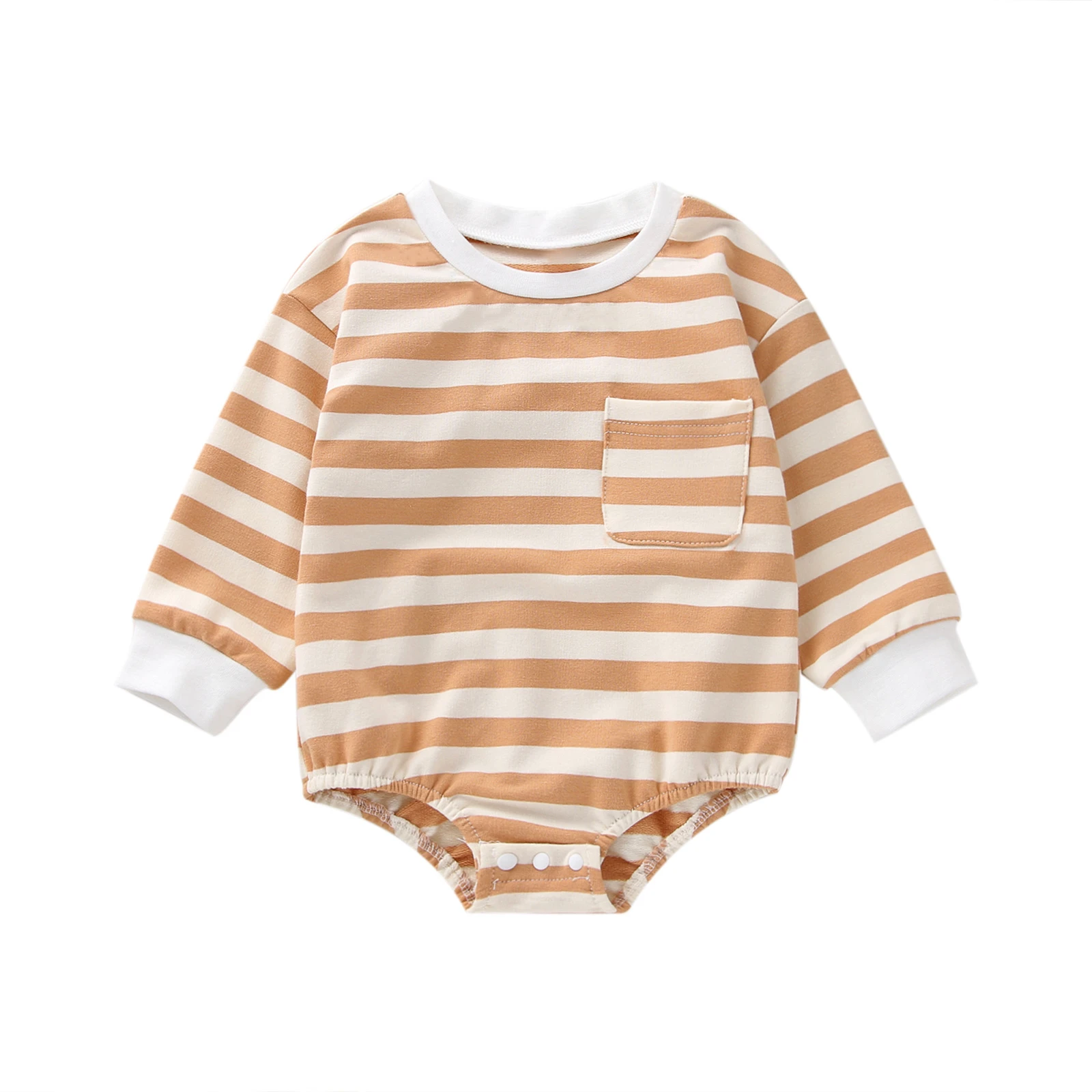 

Baby’s Casual Long Sleeve Romper Fashion Stripe Print Round Neck Pocket Triangle Jumpsuits