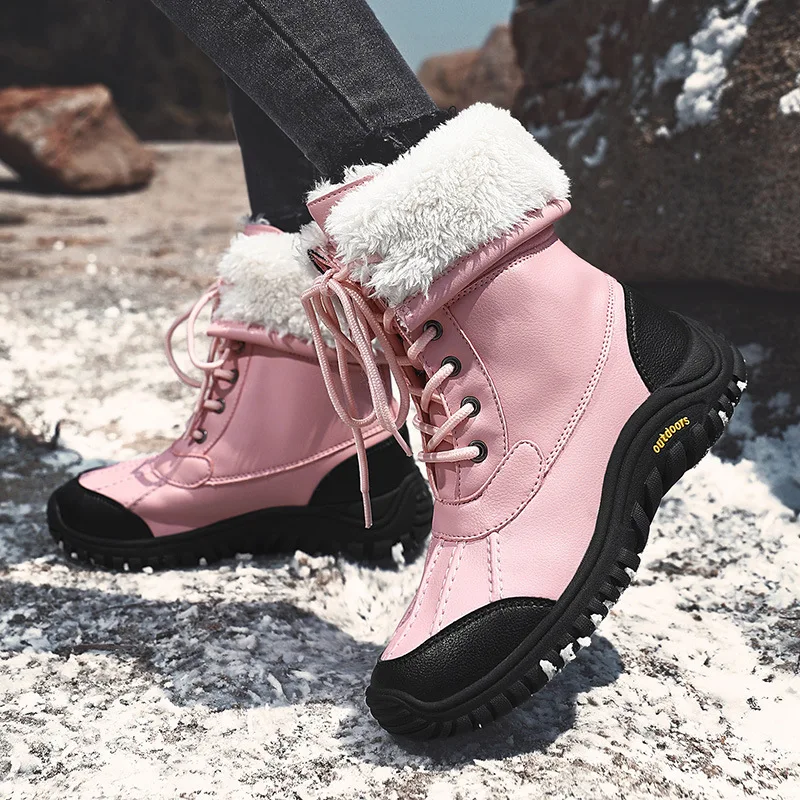 Women's Mid-calf Snow Boot Waterproof Leather Thick Plush Outdoor Boot Anti-Skid Outdoor Ski Hiking Winter Shoe Large Size 36-42