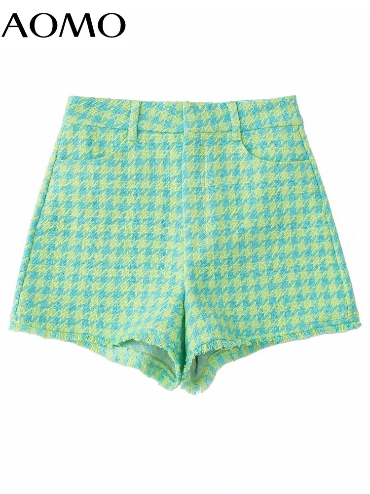 

AOMO Women Green Plaid Tweed Shorts Tassels Zipper Pockets Female Retro Basic Casual Shorts Pantalones 3H524A