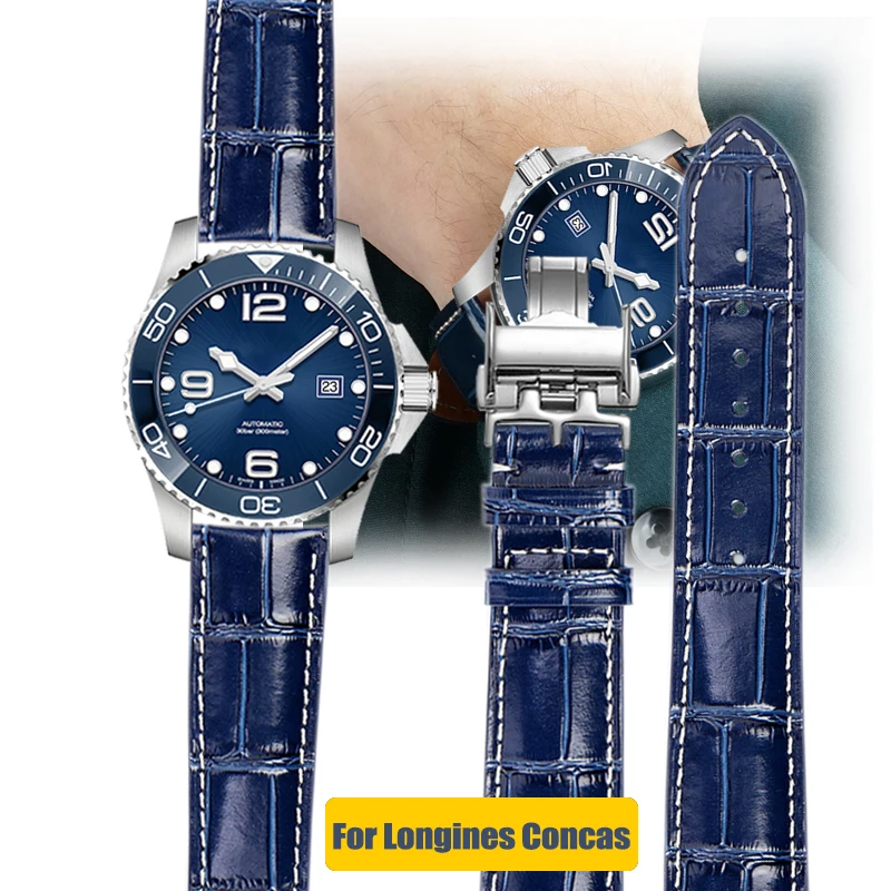 

For Longines Watch strap Leather Craftsman Moon Blue Crocodile Pattern magnificent Conkas Cowhide Watchband men's belt 21mm Blue