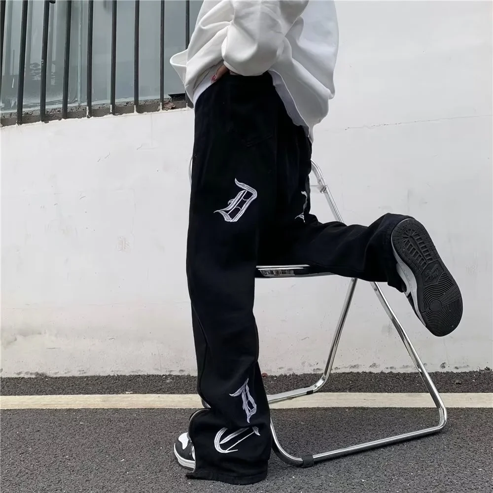 Ropa Embroidered Letters Streetwear Men Hip Hop Baggy Jeans Pants Y2K Clothes Straight Loose Zipper Cuffs Goth Denim Trousers