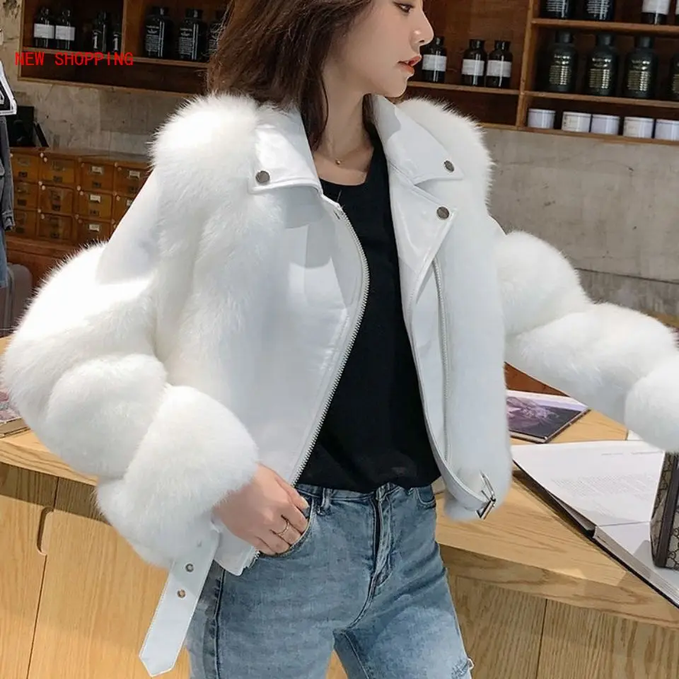 Winter Faux Fur Coat Women Pink High Quality Furry Cropped Faux Fur Leather Patchwork Jacket Woman Overcoat Faux Fur Short Coats