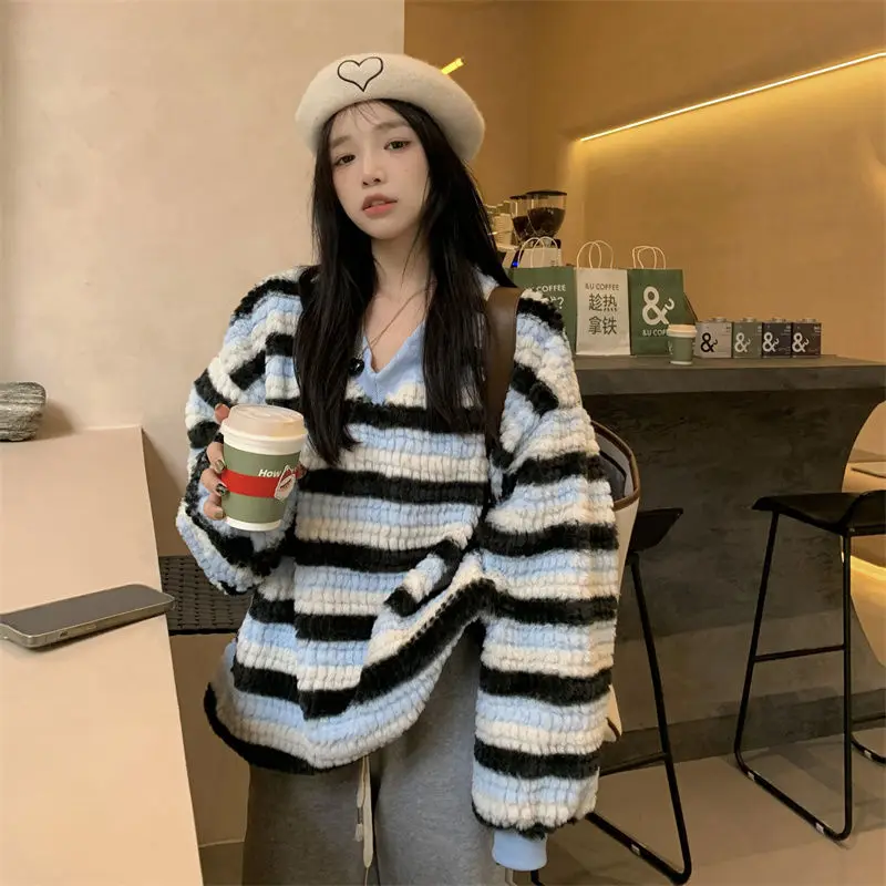 

Winter Polar Fleece V-Neck Thick Sweater Loose Korean Gentle Coat Top pullover sweater women