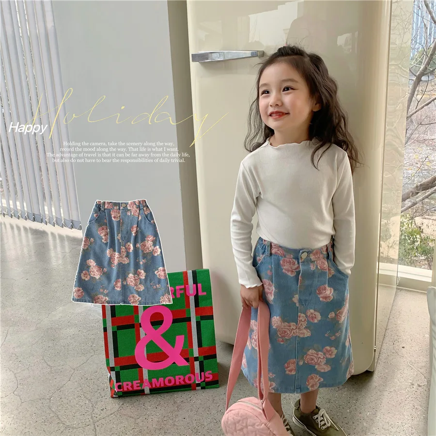 

2023 Spring Autumn Girls Casual Print Flower Jeans Skirt