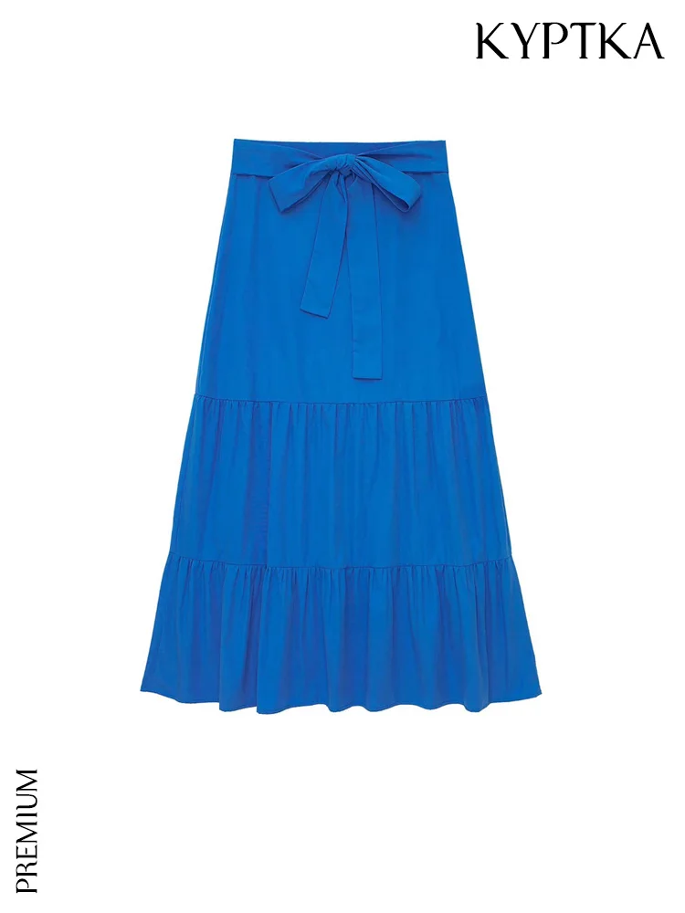 

KYPTKA Women Fashion With Tied Bow Ruffled Poplin Midi Skirt Vintage High Waist Back Zipper Female Skirts Mujer