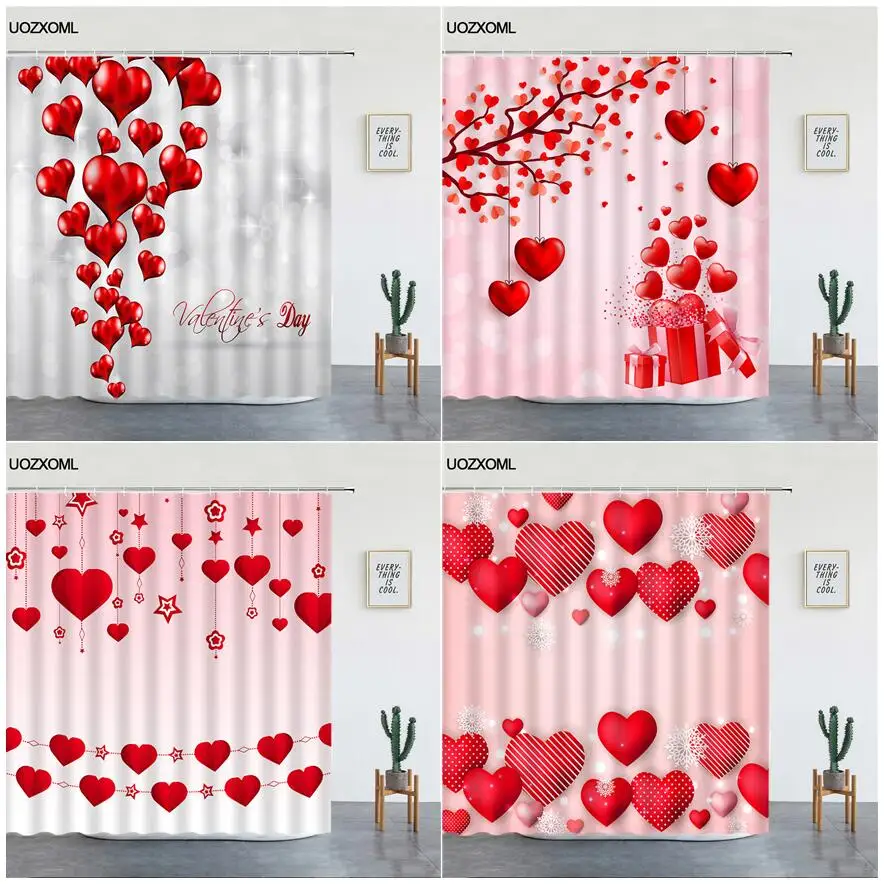 

Valentine's Day Shower Curtains Red Heart Star Modern Girl Gift Creative Design Pink Fabric Home Bathroom Decor Bath Curtain Set