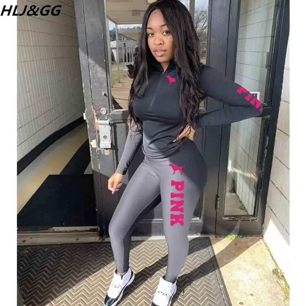 

HLJ&GG Pink Print Sweatsuits For Women 2 Piece Sets Casual Zipper Sweatshirt + Leggings Tracksuits Spring Fall Sporty Outfits