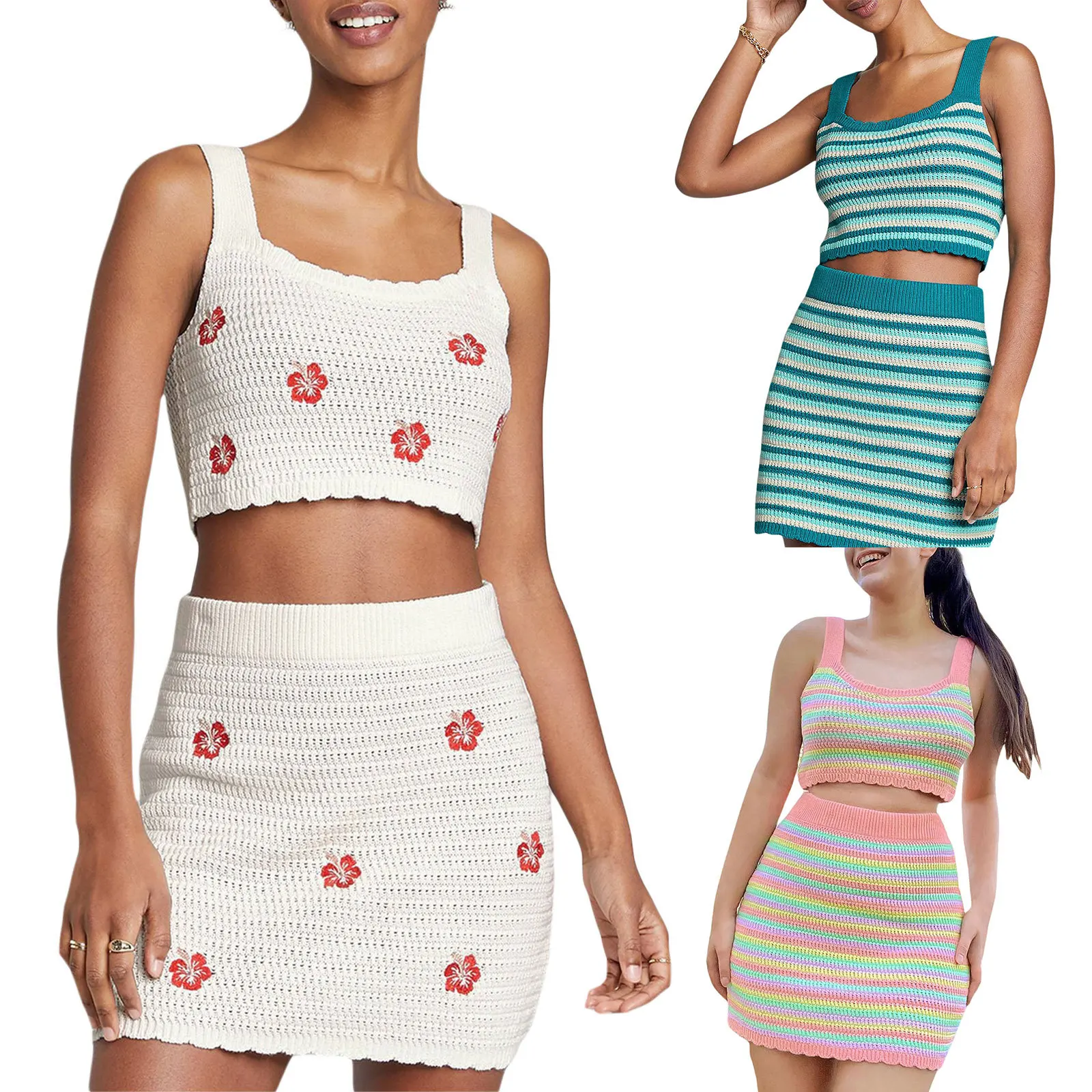 Women Elegant Slim Two Piece Clothes Sets Female Dress Summer High Waist Knitted Femme Medium Party Dresses Sets