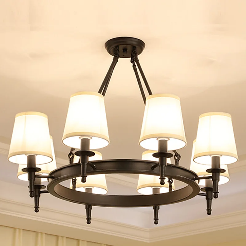 

American Country Led Chandelier Fabric Lampshade Wrought Iron Lustre Bedroom Kitchen Lighting Living Room Ceiling Lamp Fixtures