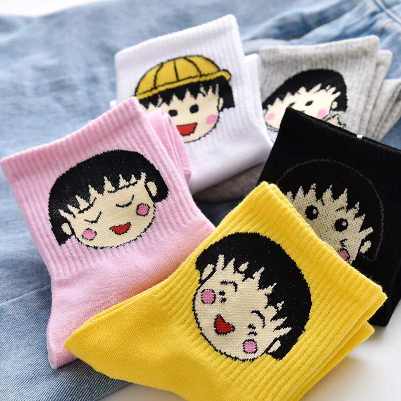 5 Pairs/Set Female Summer Short Socks Japanese Anime Chibi Maruko-chan Middle Tube Socks Cartoon Print Socks