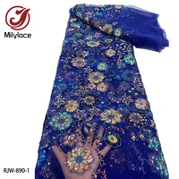 latest african lace fabric sequins tulle lace fabric high quality hand beaded embroidered lace 5 yards for dress rjw 890