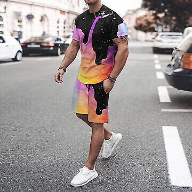 New Summer Men's Casual Fashion Comfortable Sports Suit 2-Piece Set Street Wear Simple Pattern Crewneck Short Sleeve With Shorts