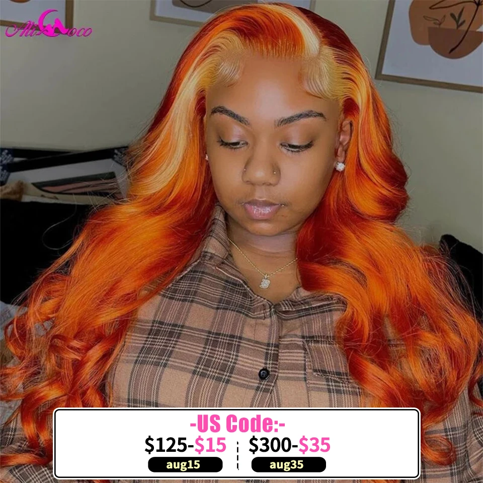 Orange Blonde Wig Human Hair Brazilian Virgin Body Wave Transparent Lace Front Wig 180 Density Colored Human Hair Wigs
