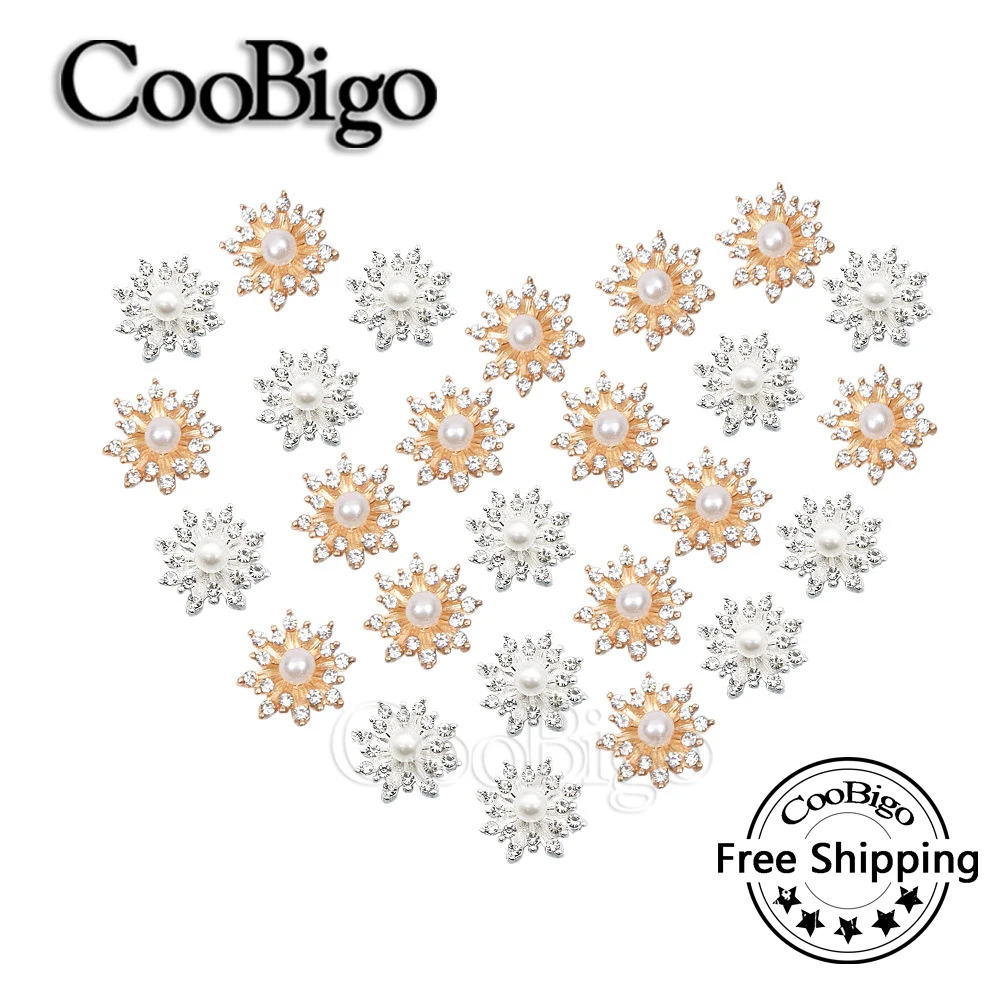 

50pcs Strass Glitter Rhinestone Pearl Buttons Wedding Bouquets Brooches Garment Sewing DIY Crafts Accessories Gold Silver