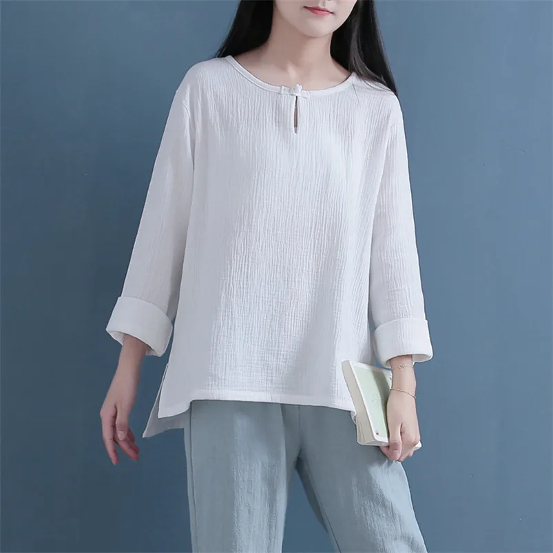 

Summer Women O-Neck Long Sleeve Blouse 2023 Cotton Loose Soft T-Shirts Casual Loose Buttons Tops Chinese Style Shirts