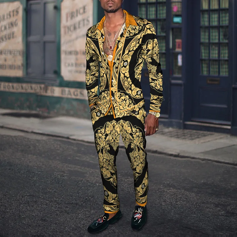 Men's Long-Sleeve Button-up Shirt Trousers Two-piece Suit Slim Business Shirt Male Retro Style Printed Formal Men's Clothes