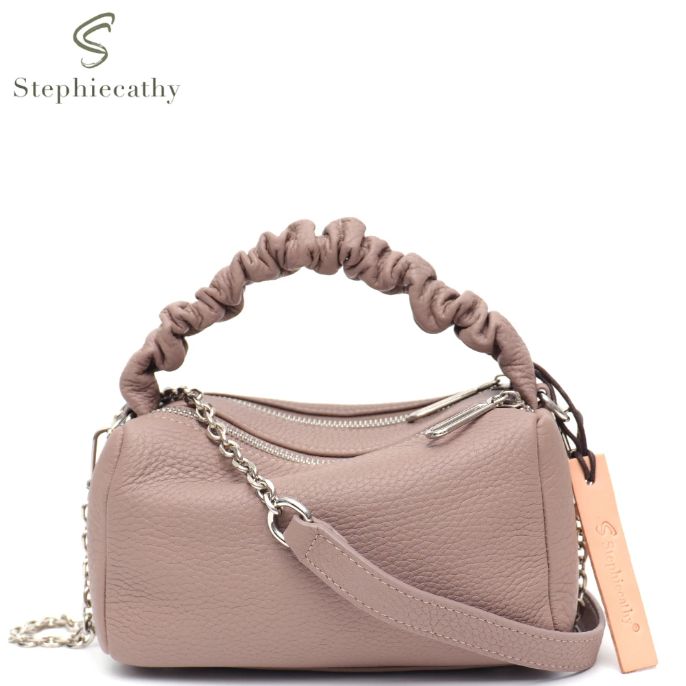 SC Fashion Real Cow Leather Handbags Women Brand Luxury Chain Crossbody Shoulder Bags Pleated Handle Small Pillow Boston Purses