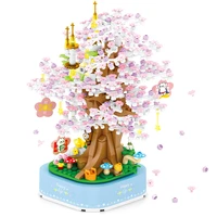 city cherry blossom tree rotating christmas sakura music box building blocks moc figures with light bricks toys for girl
