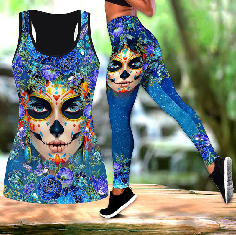 

Summer women's fashion 3D two-piece sleeveless vest and leggings summer combination skeleton vest tight suit XS-8XL
