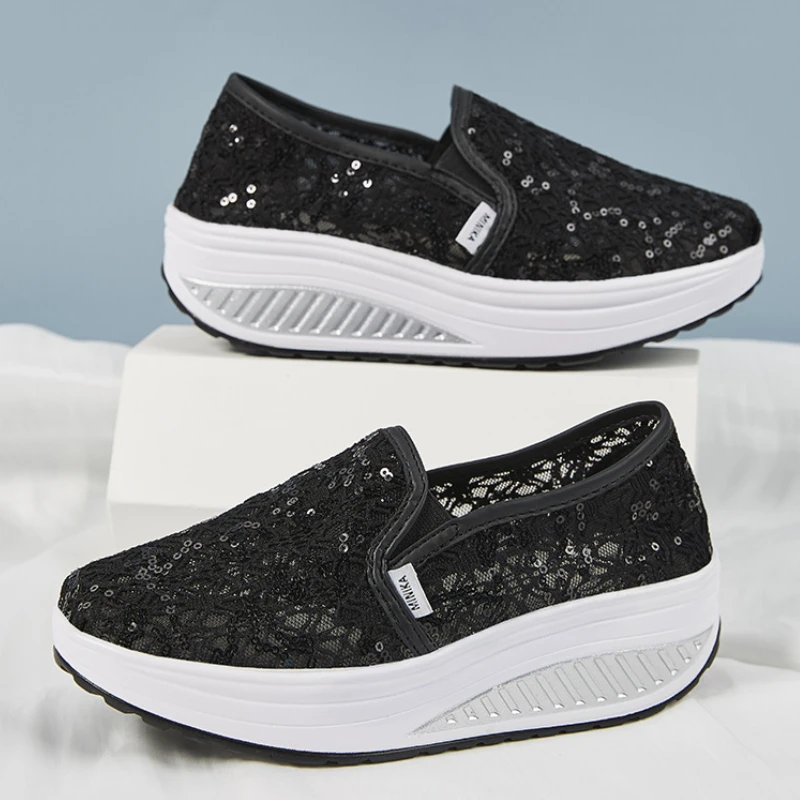 

Women Sandals Summer Sequin Decoration Casual Shoes Platform Sport Shoes Ladies Flower Hollow Canvas Shoes Breathable Lace Shoes