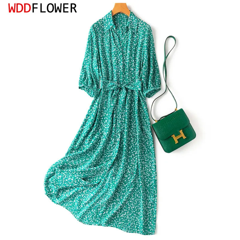 

Women Silk Midi Dress 100% Mulberry Silk Green Floral Printed 3/4 Sleeve Belted Waist Collared Shirt Wrap Dress M L XL XXL MM761