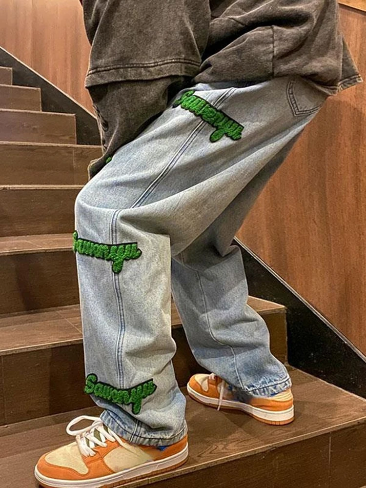 Flocked Letter Print Jeans Men's Trendy High Street Casual Elastic Waist Straight-leg Pants Style Fashion Men Trousers Men Pants