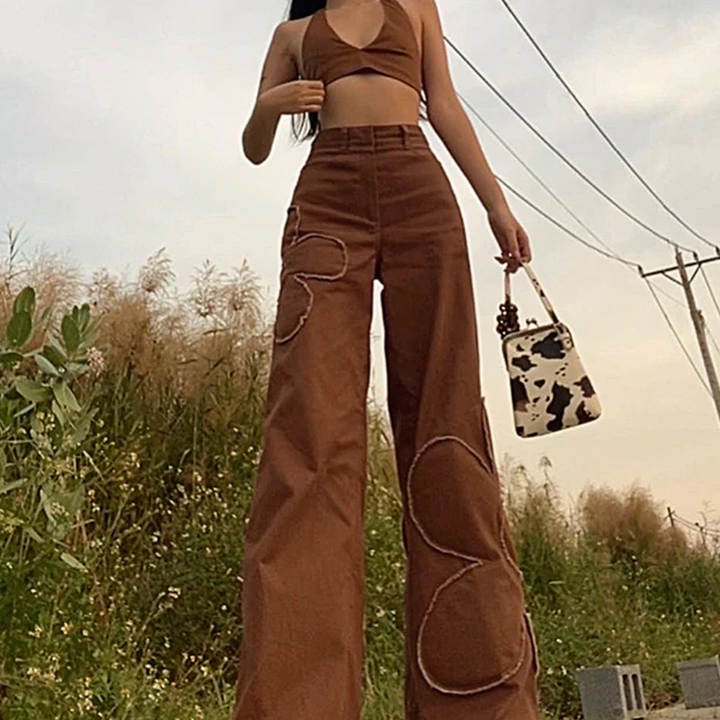 

Women Brown Vintage 90s Wide Leg Pants Flower Patches High Waist Straight Denim Trousers 2022 Fashion Y2K Aesthetic Baggy Jeans