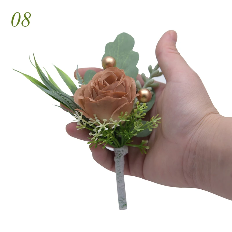Wedding Rose Corsage Mesh Ribbon Bowknot Gold Beads Artificial Flower Bridal Bridesmaid Brooches Clothes Decor Party Accessories images - 6