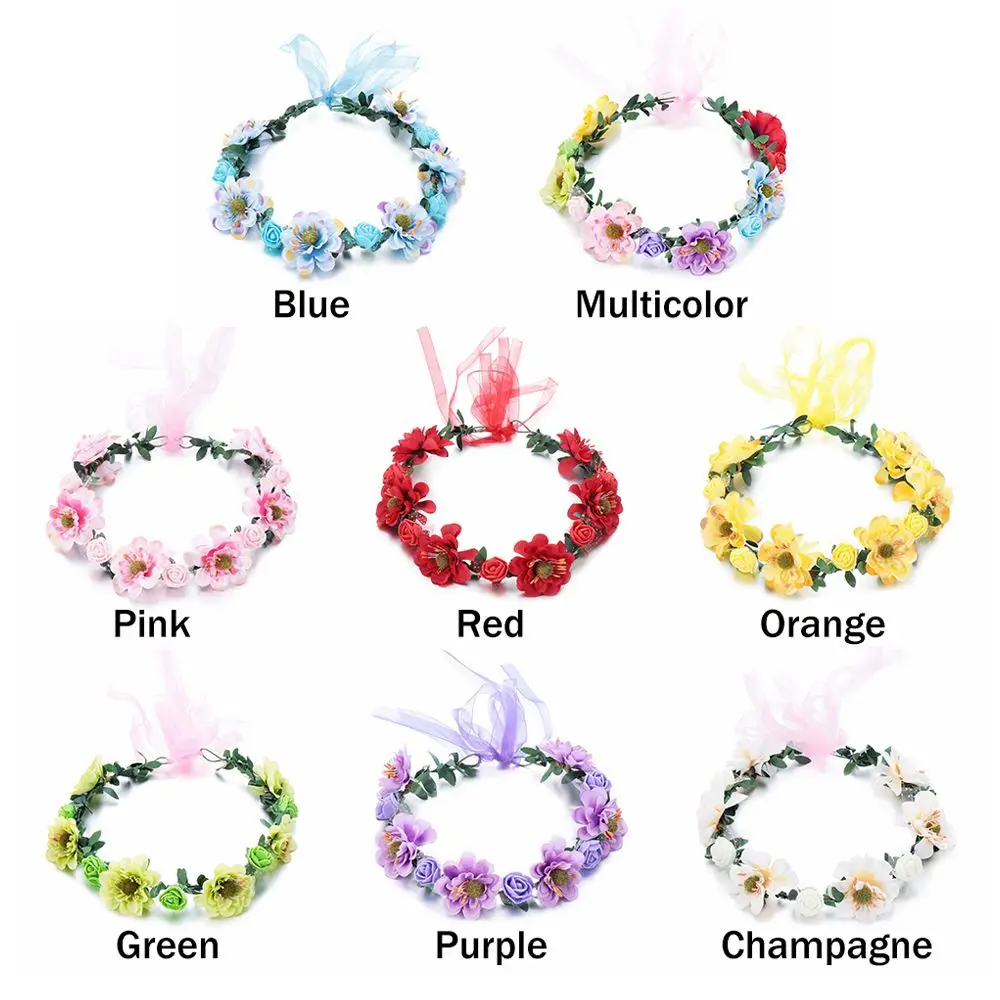 Adjustable Ribbon Flowers Leaves Headbands Girls Floral Wreath Rose Flower Crown Bridal Halo Headpiece Bohemia Garland images - 6