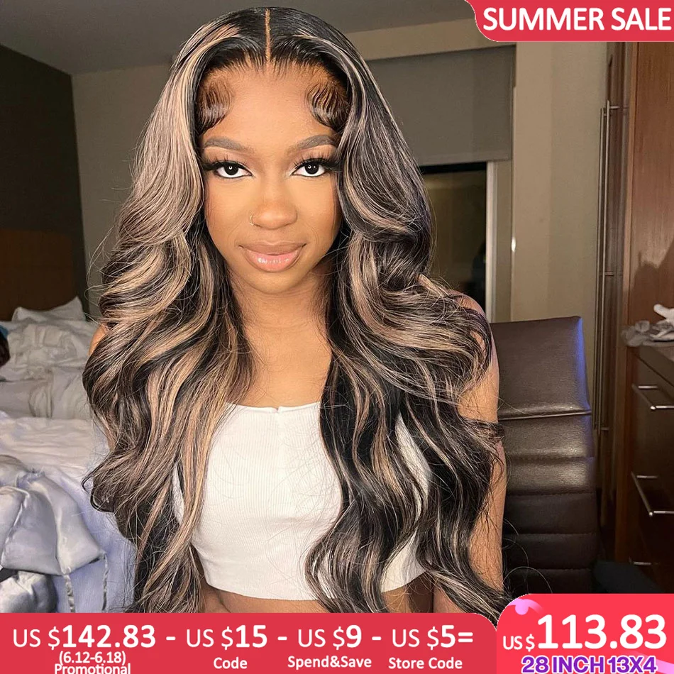 13X4 Highlight Human Hair Wigs Peruvian Virgin Body Wave Lace Front Wig Honey Blonde Brown with Black 13x6 Wavy Lace Frontal Wig