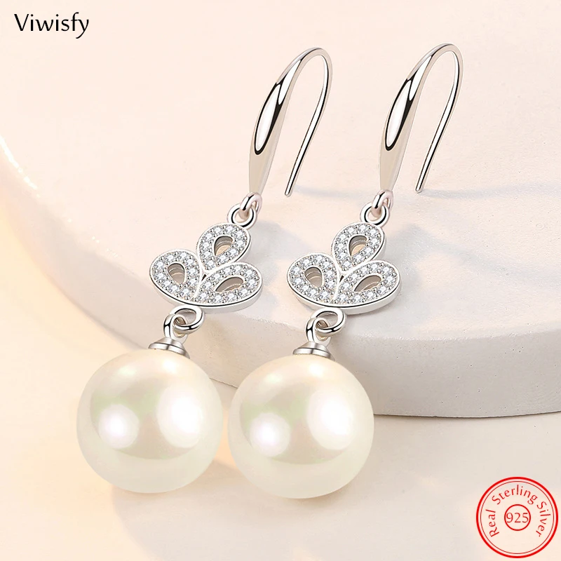 

Viwisfy Real 925 Sterling Silver Drop Earrings For Women New Jewelry Gift Pearl Crystal Dangler Trendy VW22111