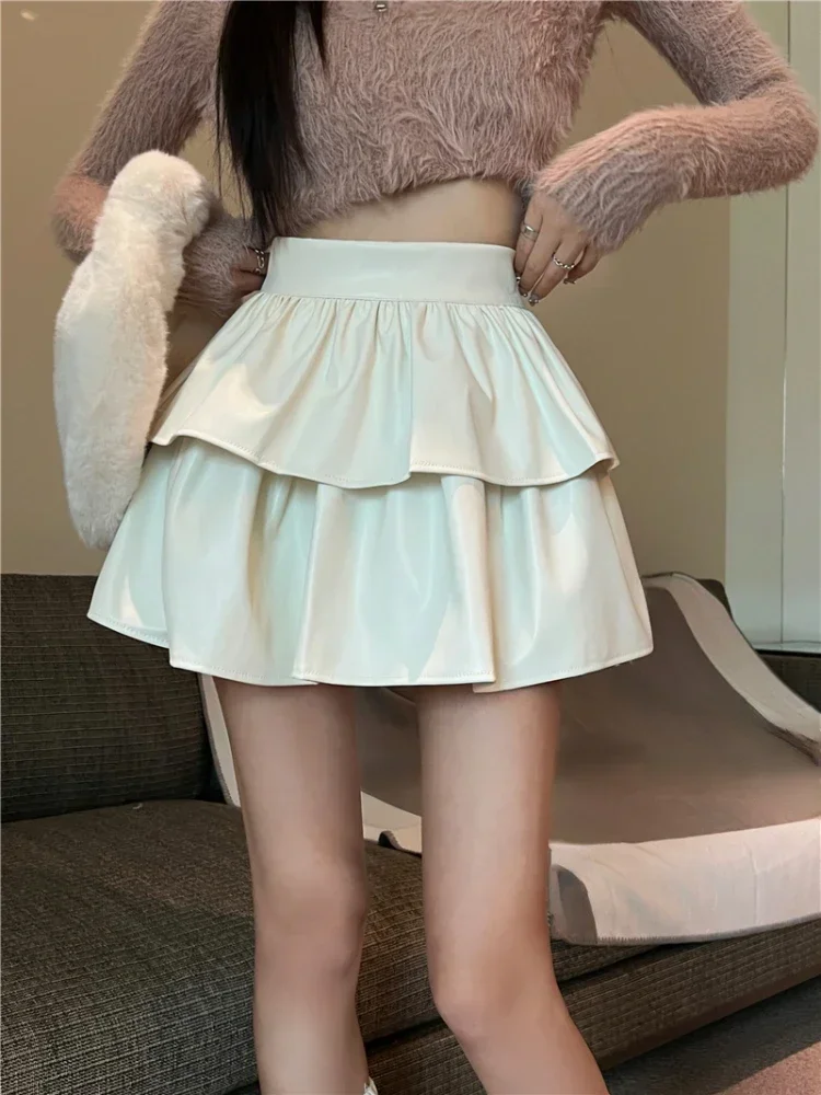 gaga seksowne spódnice damskie PU skóra wysokiej talii solidna jesienno-zimowa Moto Biker Ruffles bufiasta warstwowa podkoszulek damska mini