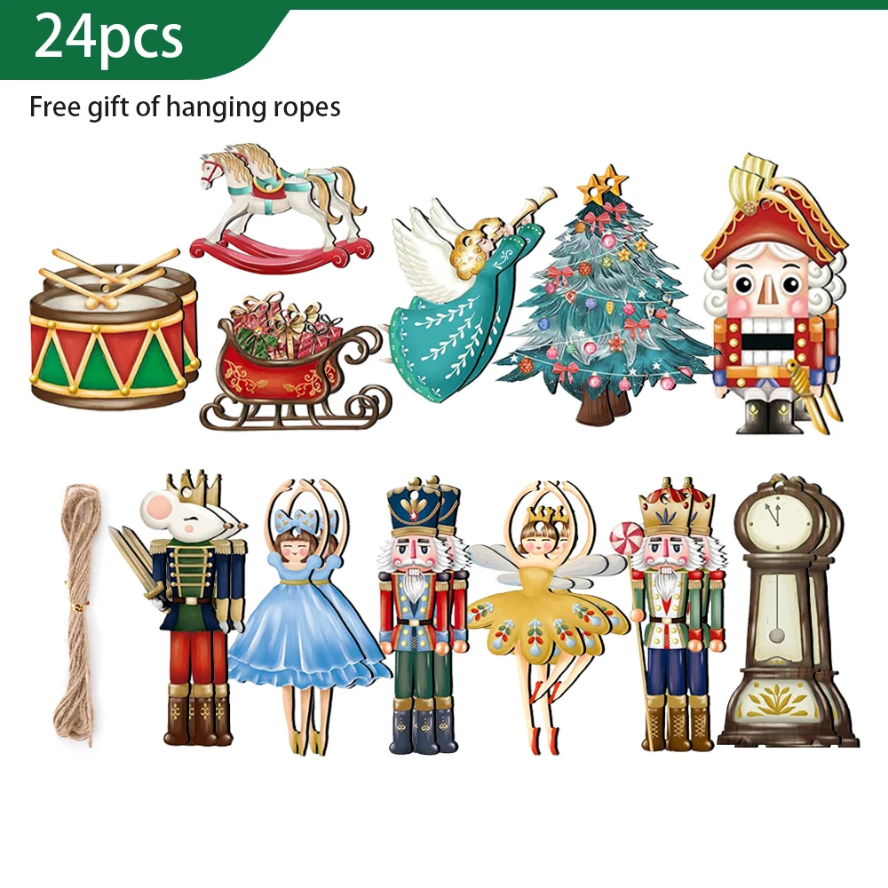 12Pcs/set Nutcracker Puppet Christmas Tree Pendant Wooden Nutcracker Soldier Hanging Pendant Noel New Year Party Home Decoration