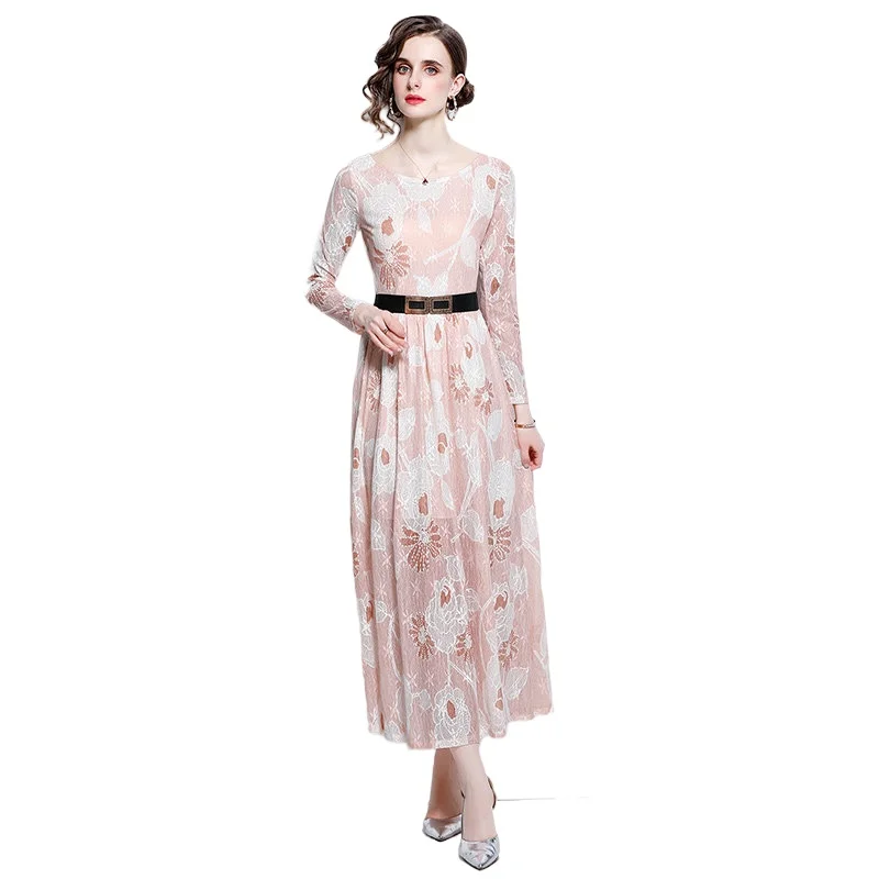 Simgent Long Lace Dress 2022 New Autumn Long Sleeve A Line Elegant Print Maxi Dresses With Belt Jurken Dames 2022 SG29261