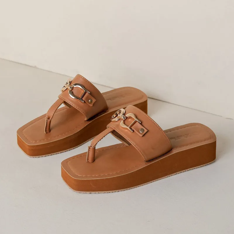 Summer Solid Chain Slippers For Women Fashion PU Leather Wedges Female Flip Flops Design Square Toes Women Platform Slides