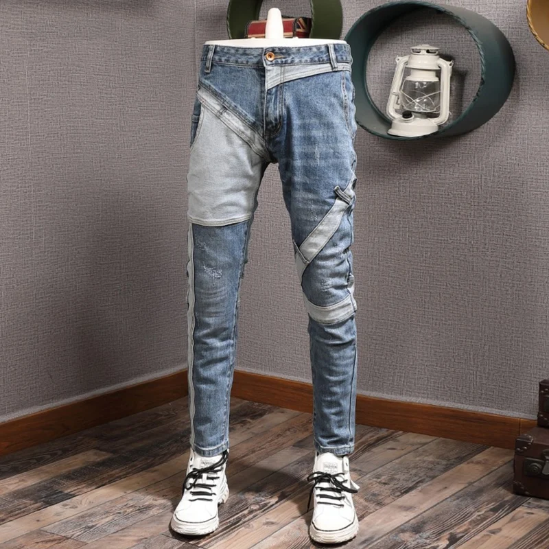 Streetwear Fashion Men Jeans Retro Blue Spliced Designer Slim Fit Ripped Jeans Men Elastic Vintage Trousers Hip Hop Pants Hombre