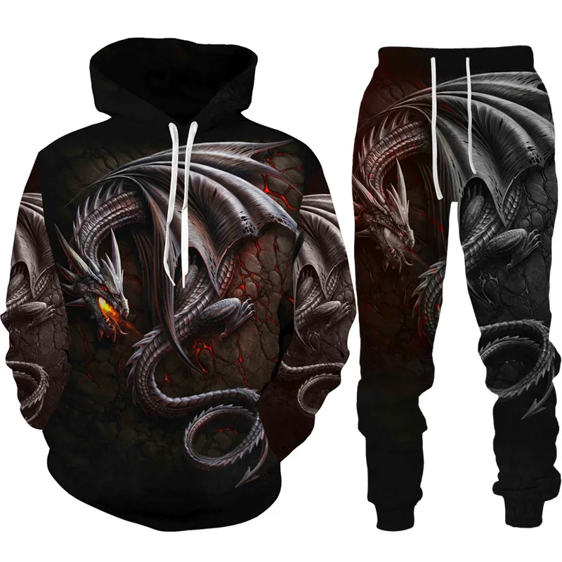 Мужской спортивный костюм с 3D-принтом летающего дракона толстовка капюшоном и
