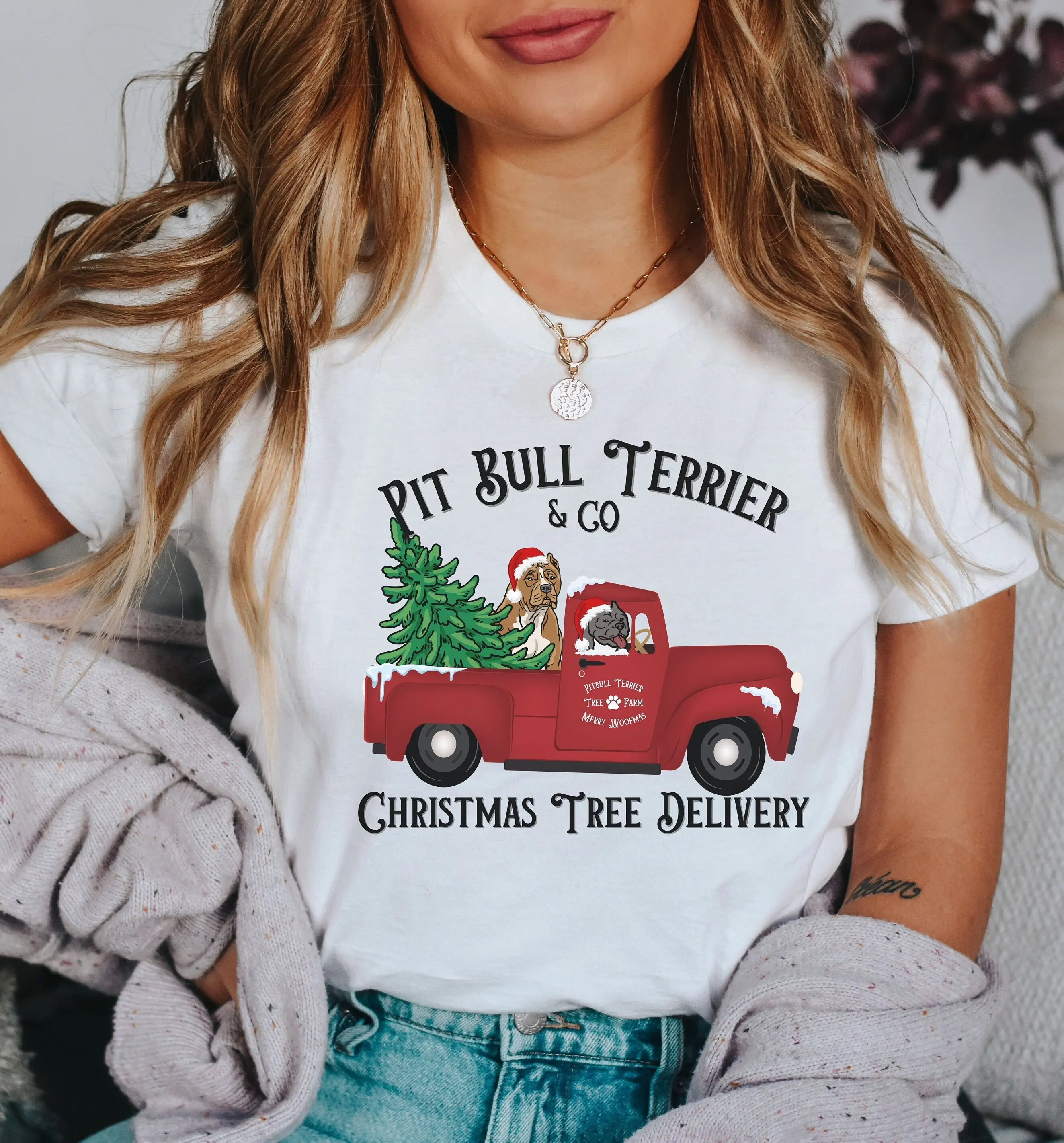 Рождественская футболка питбулл Доставка елки праздник Собака Мама для