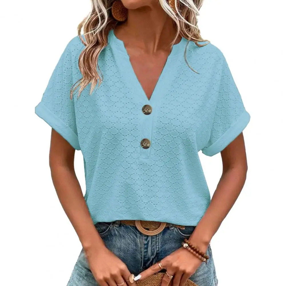 

Short-sleeve Top Breathable Women's V-neck Summer Top Soft Pullover with Hollow Out Design Loose Fit Button Decor Stylish Female
