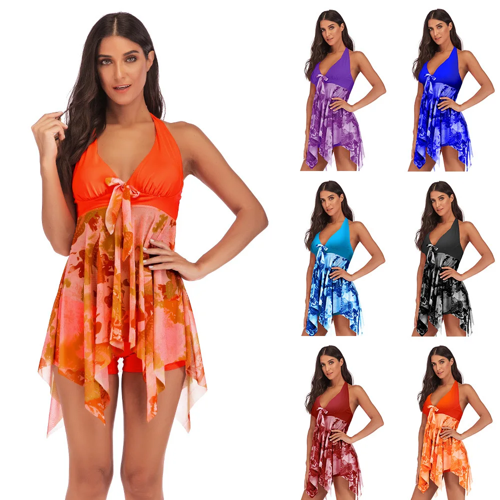 Women Summer Irregular Padded Swimwear Print Halter Swimming Dress Beach Wear Two Piece Swimsuit Bathing Suit Plus Size Tankini